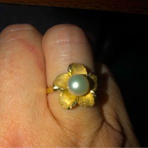 14k yellow gold Hawaiian plumeria or Hibiscus w/ genuine pearl ring aide 6.5